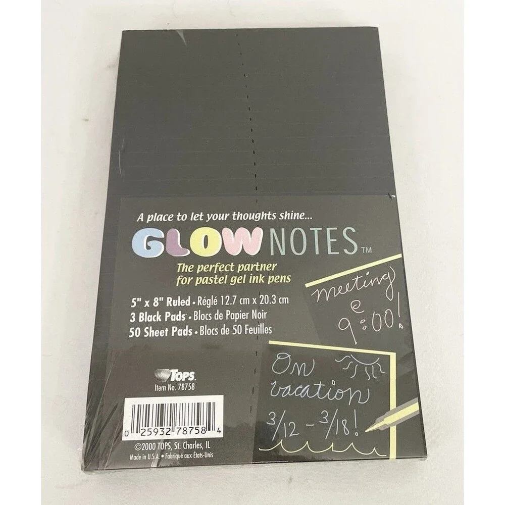 NEW Tops Glow Notes Pastel Gel Ink Pens Notepads Set of 3 Dark Paper Y2K Vintage